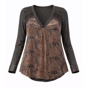 Hale Bob Mixed Media Blouse Medium V-Neck Lace Sleeve Animal Print Boho Top